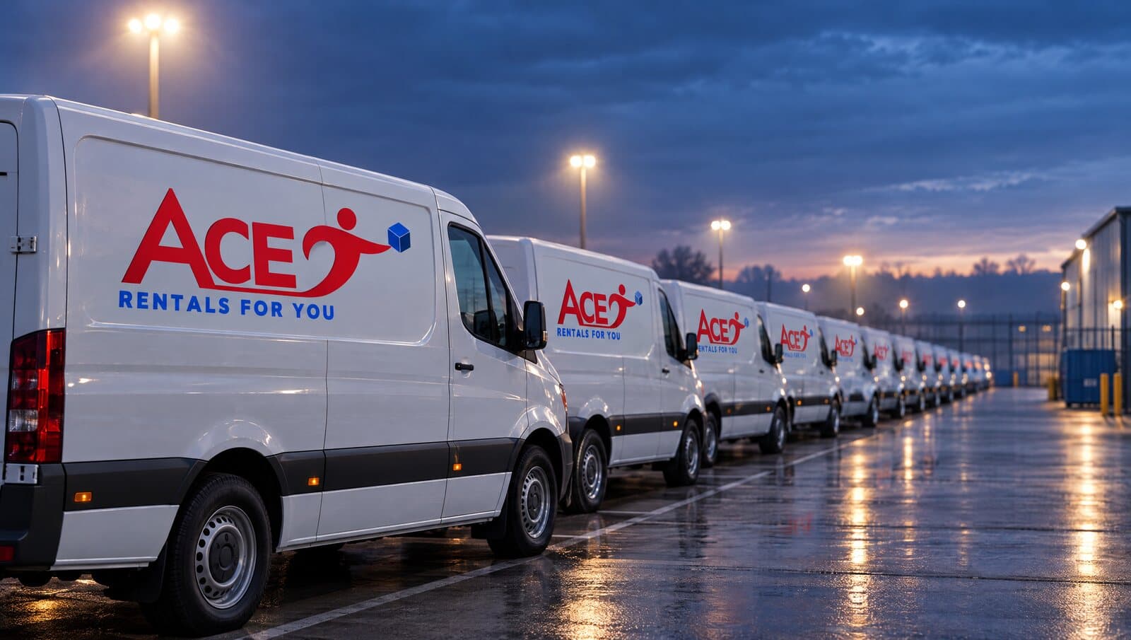 Row of delivery vans lined up outside a depot before dawn