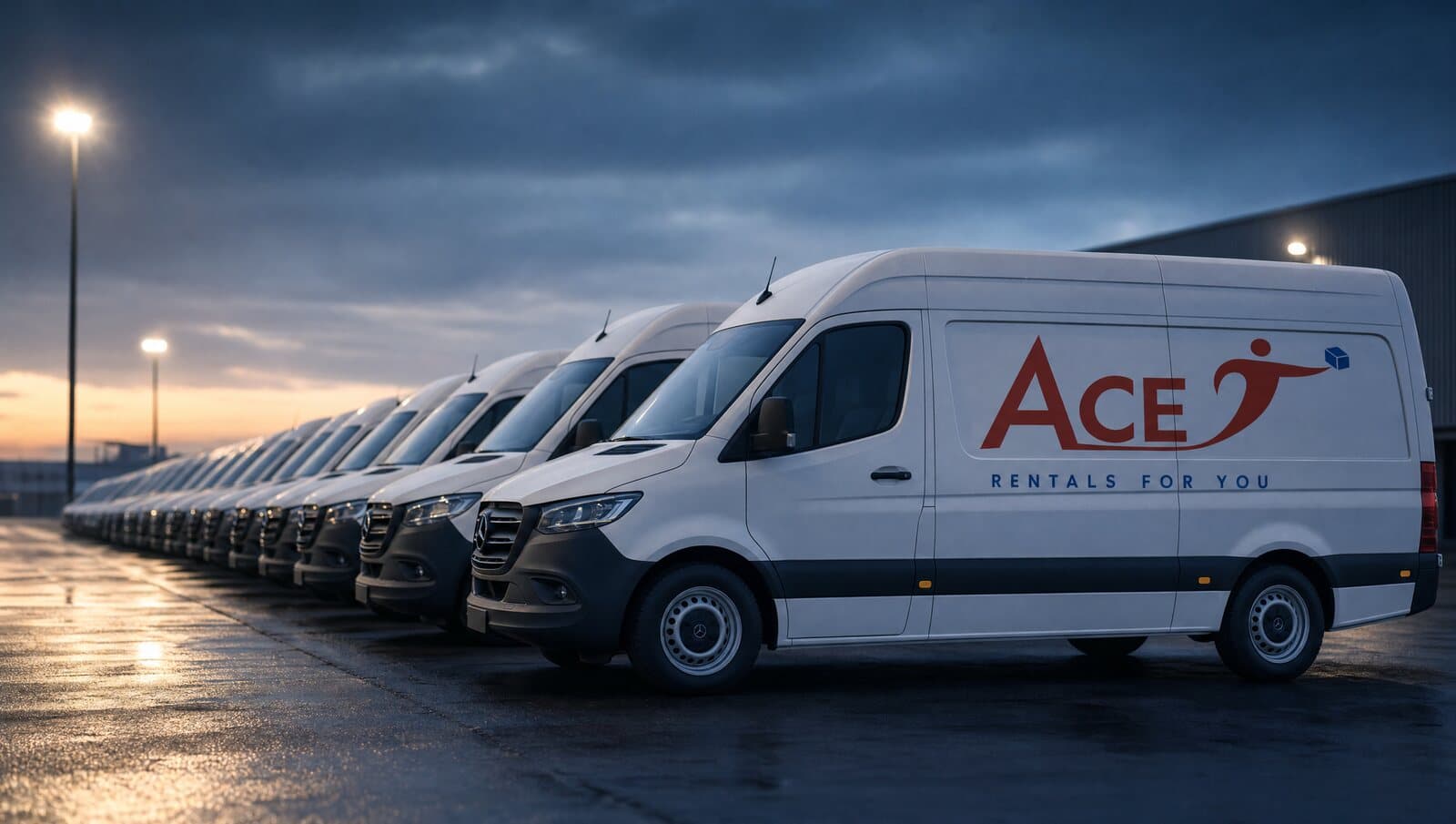 Row of delivery vans lined up outside a depot before dawn