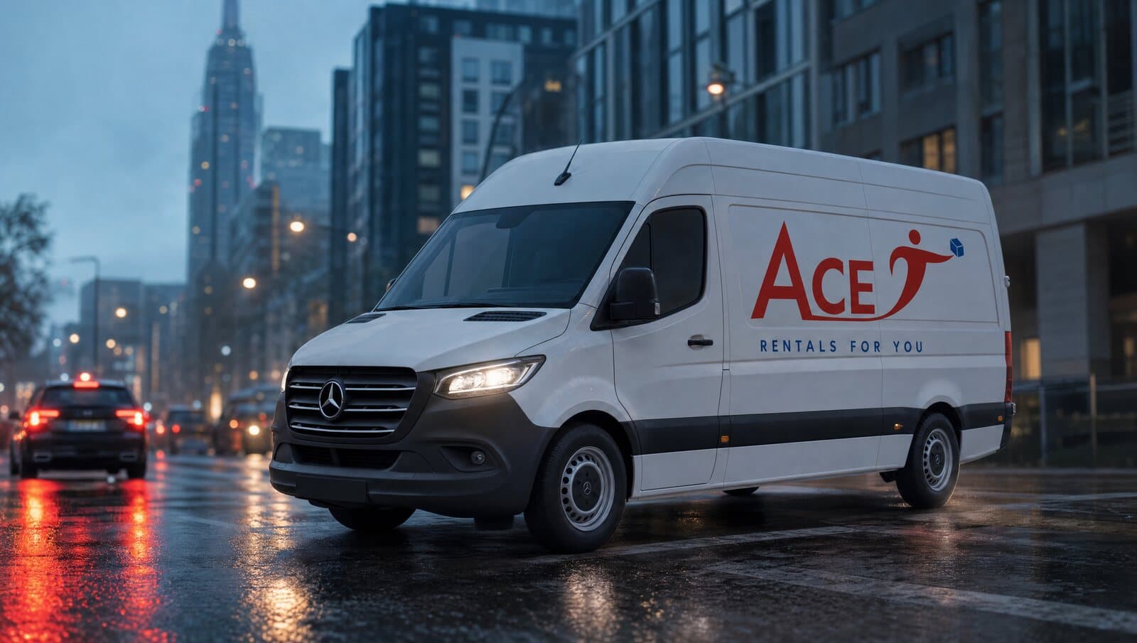 Delivery van on a London road at dusk